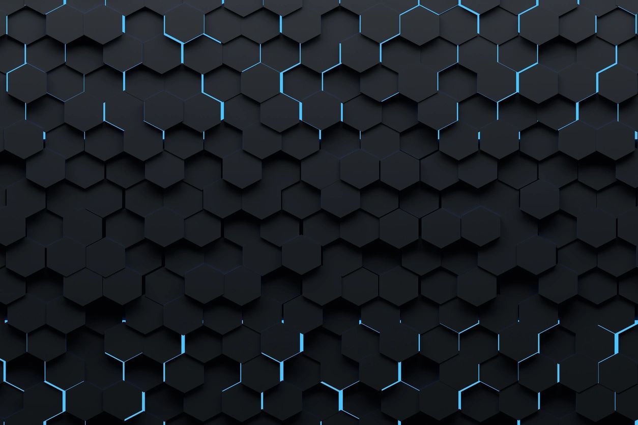 A black background with blue hexagons in the middle.